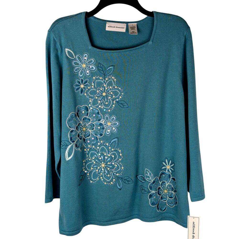 Alfred Dunner Floral Embroidered Beaded Sweater Aqua Teal Square Neck Sz L NWT